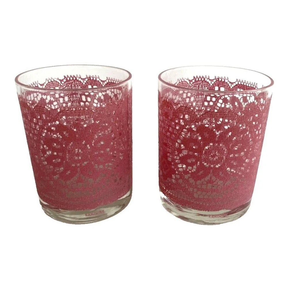 Set of 6 MCM Barware Highball Glasses Pink Lace TasteSetter Vintage Retro RARE